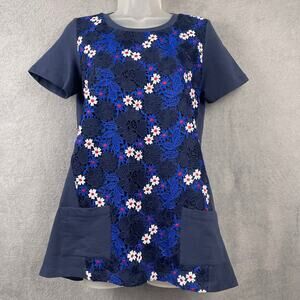 Logo Lounge Lori Goldstein Womens XS Tunic Top Embroidered Crochet Floral Blue